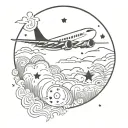 plane flies towards moon with phase 9 with clouds and stars tattoo design idea