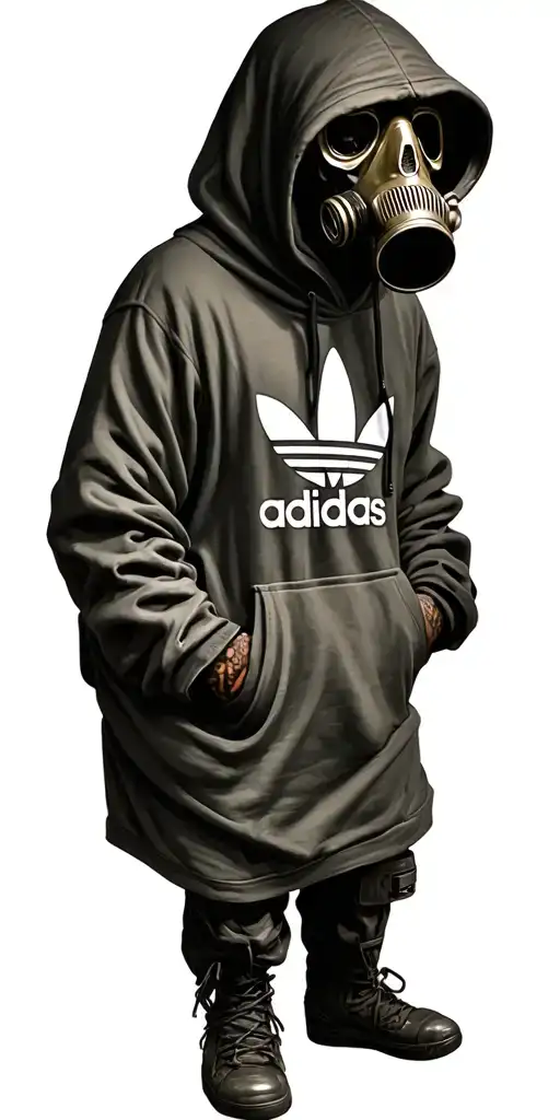 grim reaper in a realistic wartime gas mask wearing a realistic Adidas logo heavy hoody with hands in pocket tattoo design idea