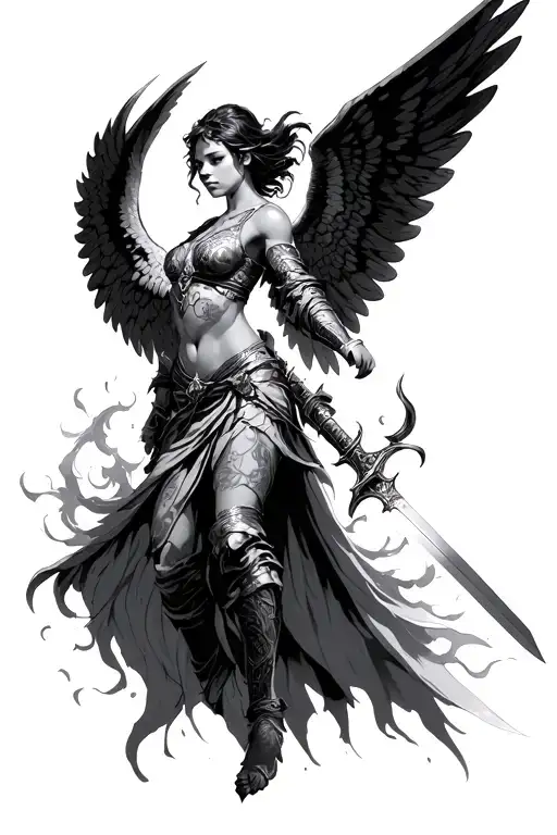 female angel warrior with wings wielding a sword emerging tattoo design idea