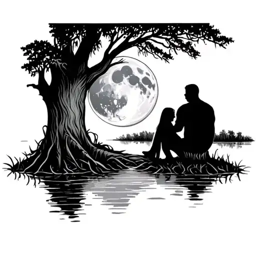 Louisiana state with a swamp scene with moon and a couple sitting under a cypress tree. tattoo design idea