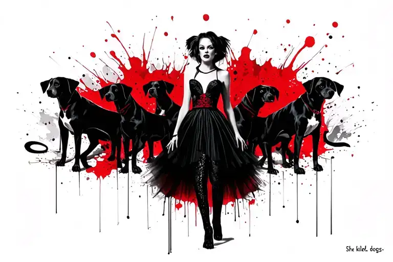 Cruella by Emma Stone. full body dress. Rock concert style. Bottom title: "She killed my dogs".Dogs background tattoo design idea