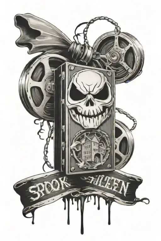 A spooky Halloween scene with a movie reel intertwined, representing the client's love for Halloween and movies tattoo design idea