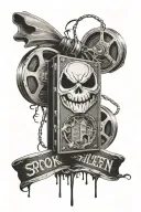 A spooky Halloween scene with a movie reel intertwined, representing the client's love for Halloween and movies tattoo design idea