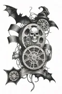 A spooky Halloween scene with a movie reel intertwined, representing the client's love for Halloween and movies tattoo design idea