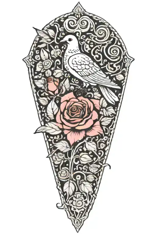 zentangle doodle of a seated dove and roses growing tattoo design idea