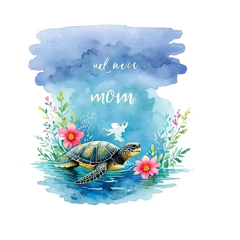 mom turtle swimming alongside their son with flowers and words  tattoo design idea