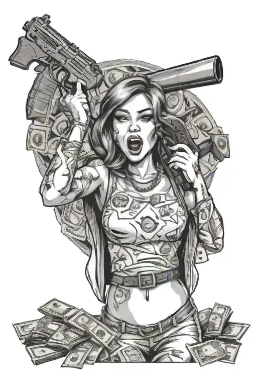 woman with money in her mouth open looking straight and ak47 in hand  tattoo design idea