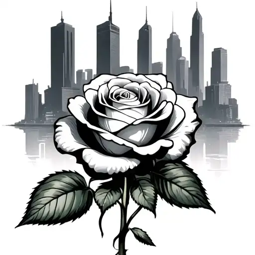 Rose growing from concrete with city behind it  tattoo design idea