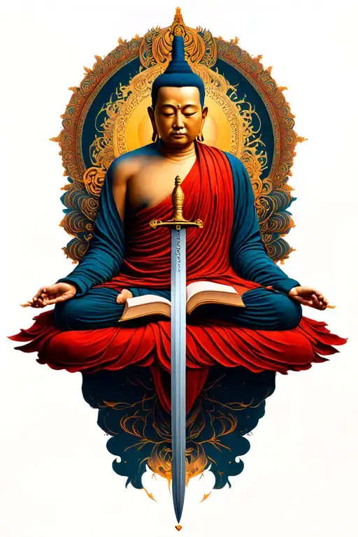 Buddhist monk meditating books swords laid tattoo design idea