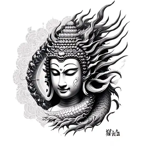 Arm full sleeve Japanese dragon, Buddha and mandala, broken mask , all black tattoo design idea