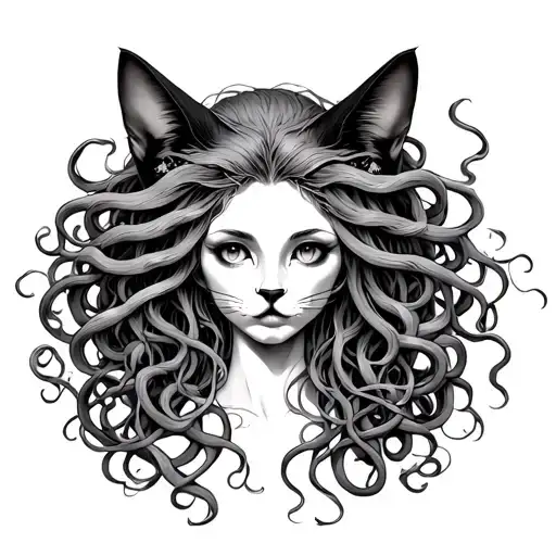 medusa full body with black cat tattoo design idea