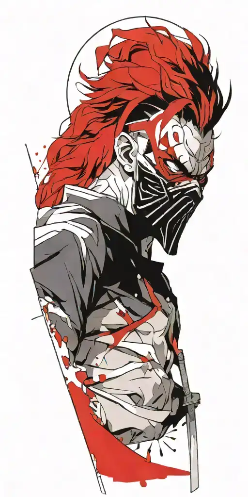 male anime character wearing oni mask fighting off inner demons with a sword tattoo design idea