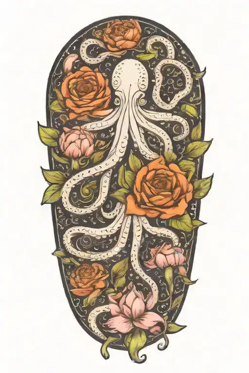 snowdrops, rose, marigold, octopus tenticals tattoo design idea