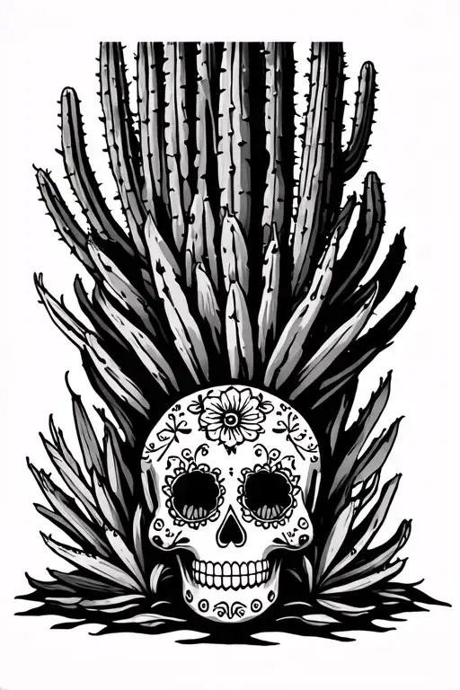 simple fine-line saguaro cactus & agave plant with a day of the dead style sugar skull at base tattoo design idea