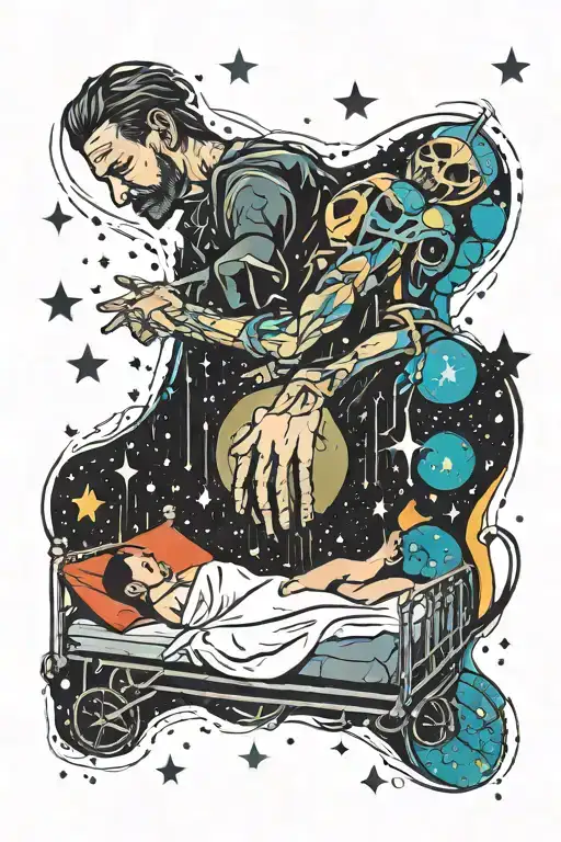 father son holding hands on death bed surrounded by stars tattoo design idea
