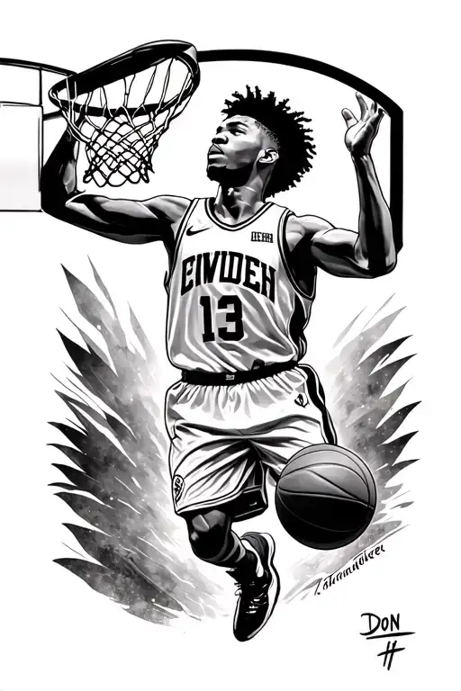 Shai Gilgeous-Alexander the basketballer, dunking character, basket ball, Don Toliver, Galaxy tattoo design idea