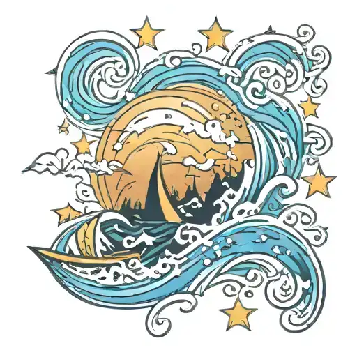 sparkling stars, beach, water waves tattoo design idea