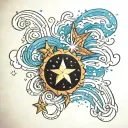 sparkling stars, beach, water waves tattoo design idea