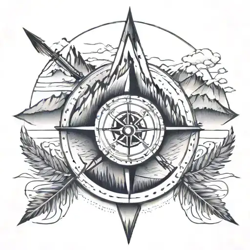 arrow with compass in the middle and moutains in the background  tattoo design idea
