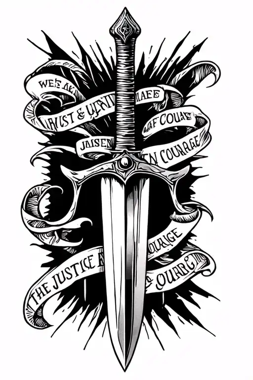 sword going through the words justice and courage tattoo design idea