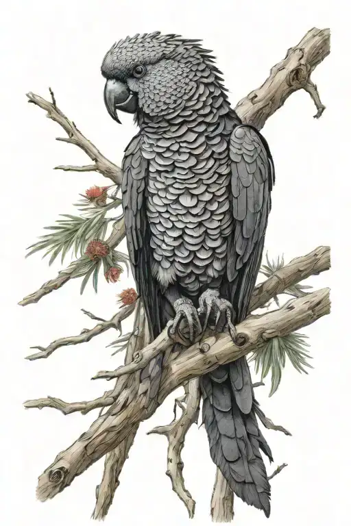 red tail Black cockatoo sitting on a dead tree branch tattoo design idea