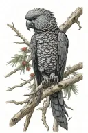 red tail Black cockatoo sitting on a dead tree branch tattoo design idea