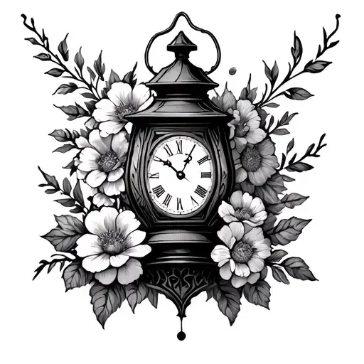 gothic lantern surrounded by flowers wrapped around clock tattoo design idea