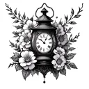 gothic lantern surrounded by flowers wrapped around clock tattoo design idea