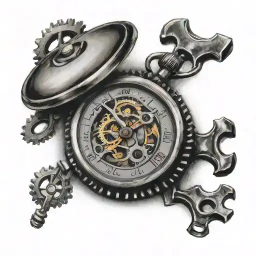 pocket watch with broken minute hand and gears tattoo design idea