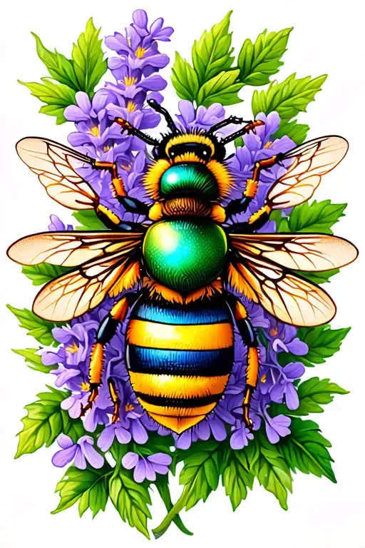 1 yellow bee 1 green metallic bee and 1 blue banded bee with lavender and vines tattoo design idea