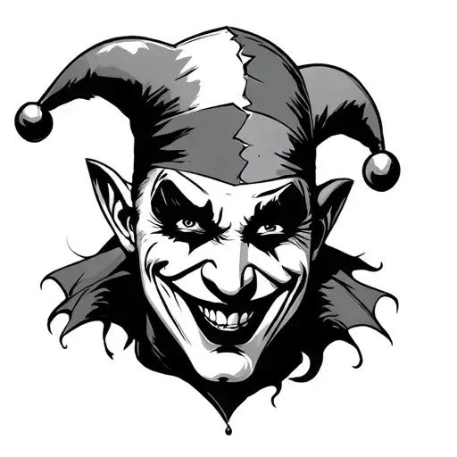 a jester with a crack mask and with a creepy smile  tattoo design idea
