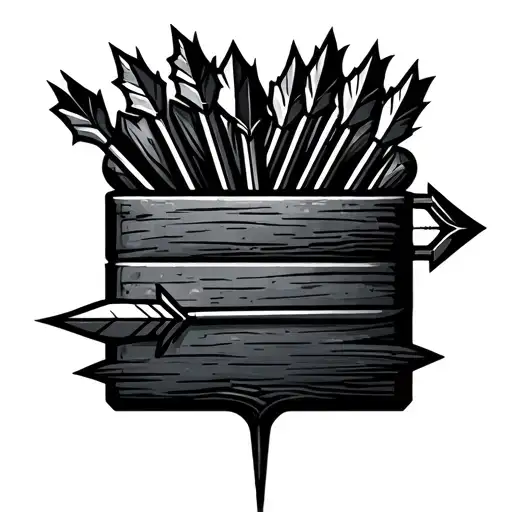 Minimalist tattoo design of an artistic quiver with several arrows inside. One arrow is highlighted or glowing, symboliz tattoo design idea