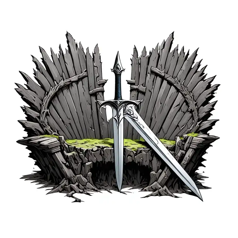 Sword dug down, in the center of the throx throne empty with cracks and moss/elaborate crown time tattoo design idea