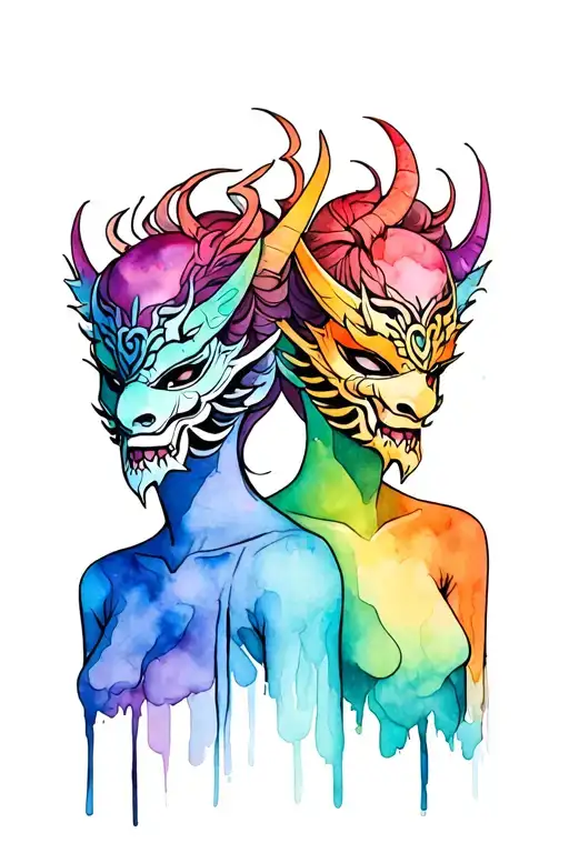 2 person that signifies gemini both wearing oni mask tattoo design idea
