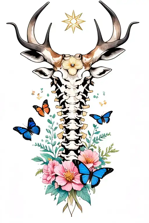 spine tattoo with April birth flowers, butterflies and Taurus star sign  tattoo design idea