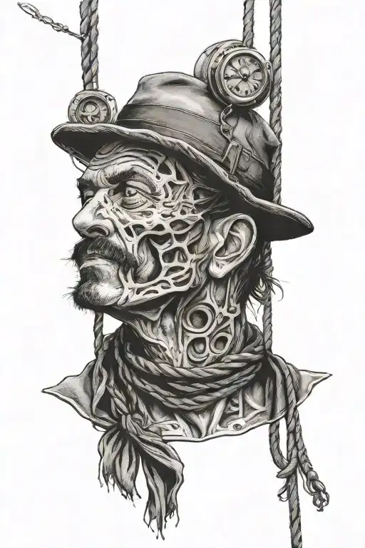 dead man hanging with French flat cap on rope around neck death tattoo design idea