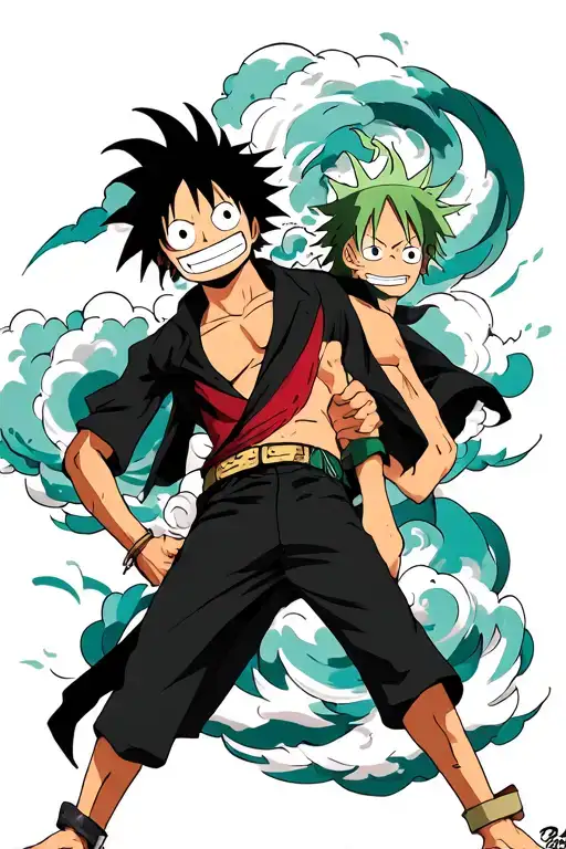boa hancock and luffy and Zoro with the swirly one piece clouds as back ground tattoo design idea