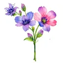 larkspur flowers intertwined and looking real, pink purple different shades 3D, create movement. tattoo design idea