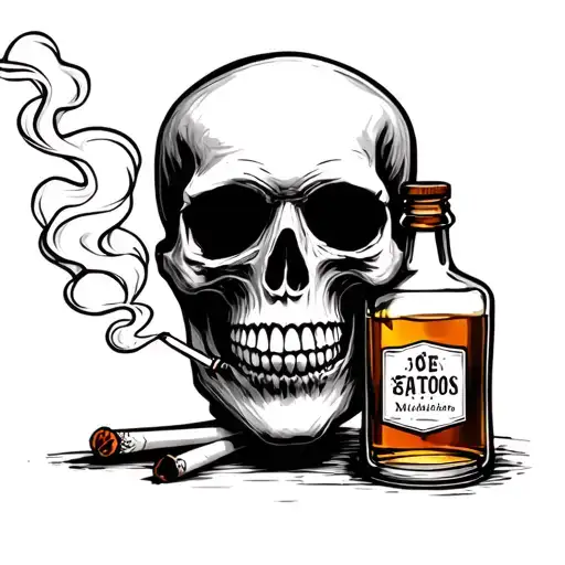 skull smoking cigarettes and drinking whiskey bottle tattoo design idea