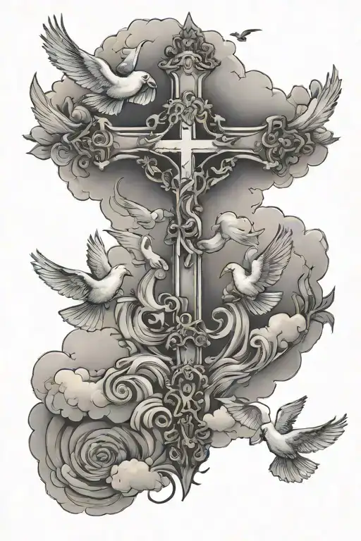 cross with doves flying in the clouds surrounding tattoo design idea