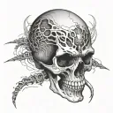 sound waves around a  skull has an open mouth with teeth and a crack on the side  tattoo design idea