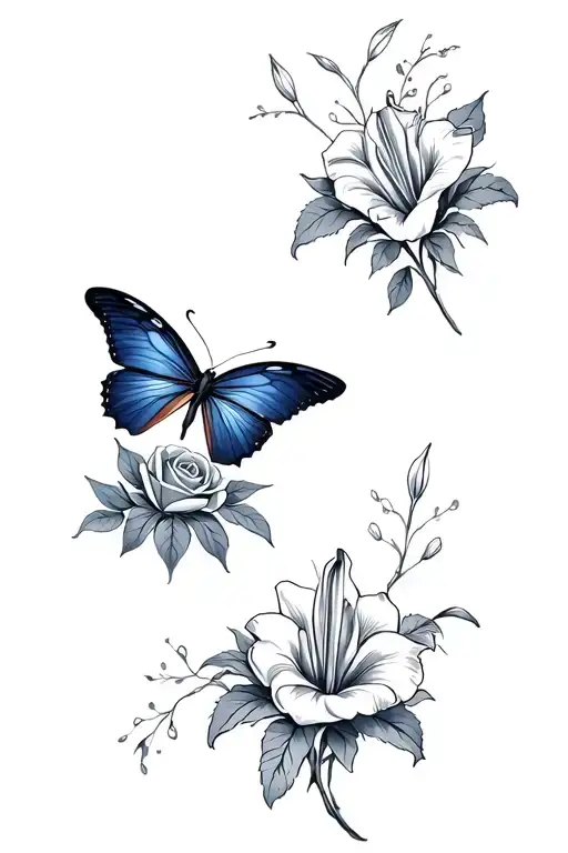 “Create a custom tattoo concept sheet combining three designs: a butterfly, navy-colored roses, and black & gray lilies. tattoo design idea