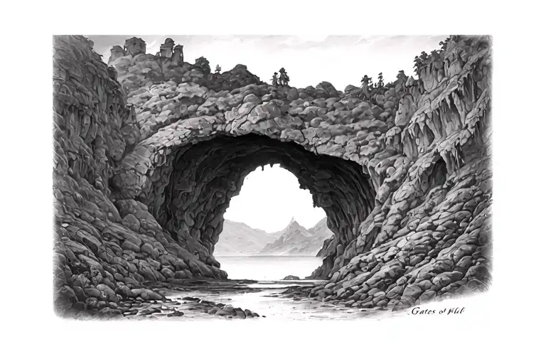 landscape with a cave in the syle of gustav dores orginal painting "gates of hell"  tattoo design idea