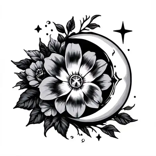 moon flowers and stars with a diamond in the flower tattoo design idea