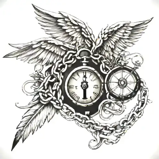 Angel wing with demon wing with an anchor, pocket watch style compass rose and a lighthouse and chains joining it all together tattoo design idea
