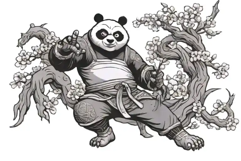 kung fu panda with dragon warrior symbol and master ooways cherry blossom tree  tattoo design idea