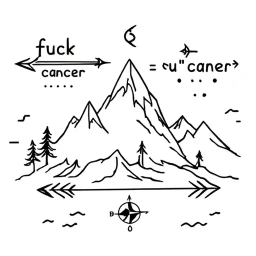 arrow, mountain, trees, compass, Morse code "fuck cancer" phrase tattoo design idea
