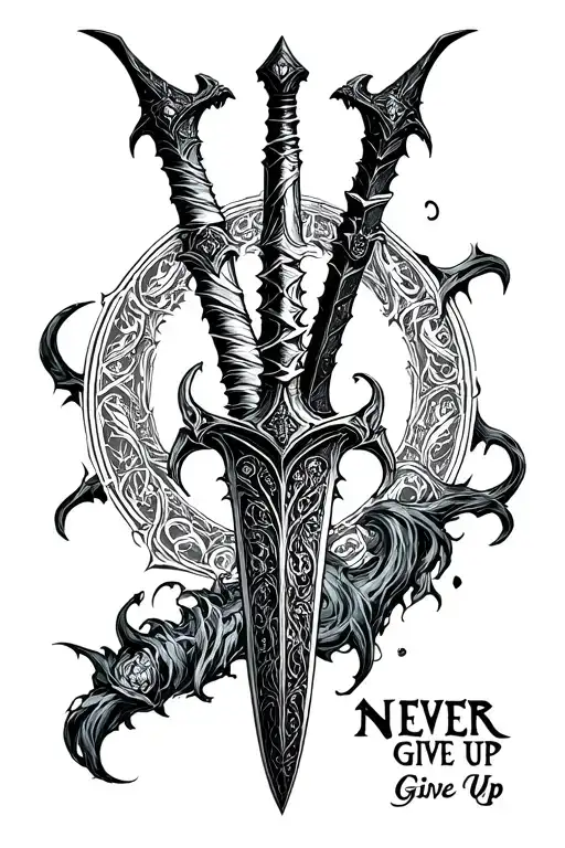 asta's demon destroyer sword big in front with asta's grimoire behind the tip of the sword and says Never Give Up below tattoo design idea