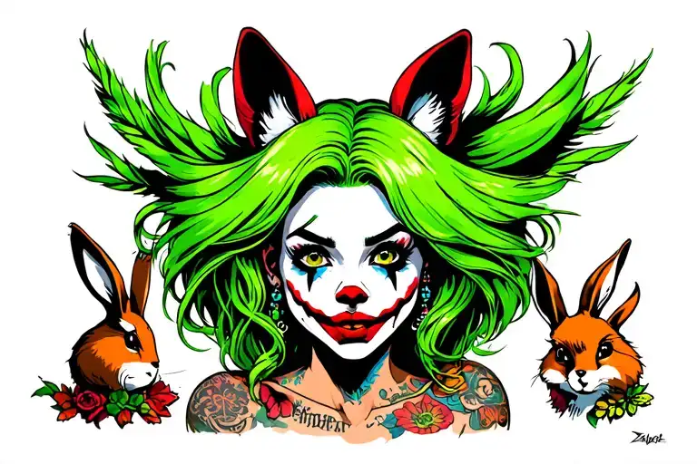 Psycho Clown Girl; Green hair; Tattoos; Piercings; Green rabbits; Green foxtail tattoo design idea