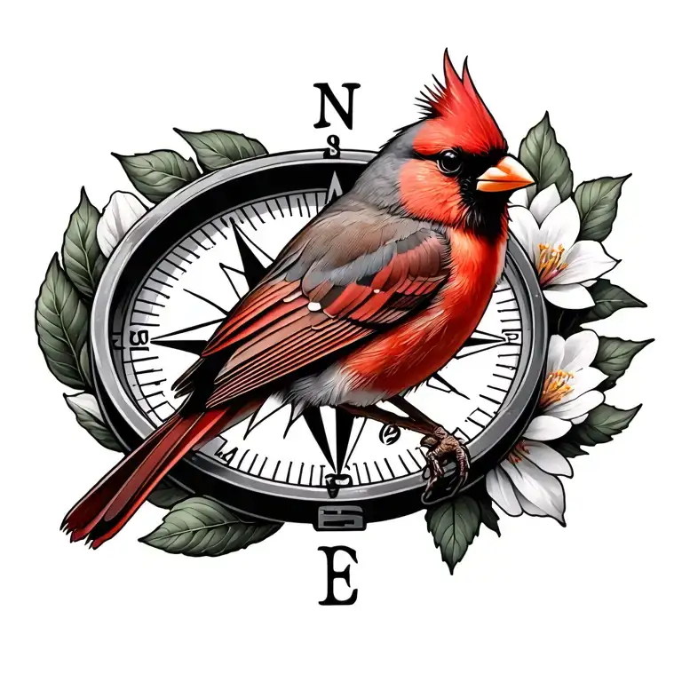 cardinal perched on a compass made with dogwood flower tattoo design idea